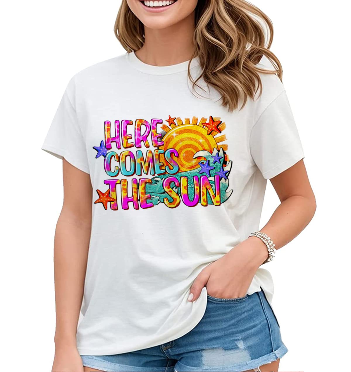 Welcome Sunshine with our "Here Comes The Sun" Women's T-Shirt