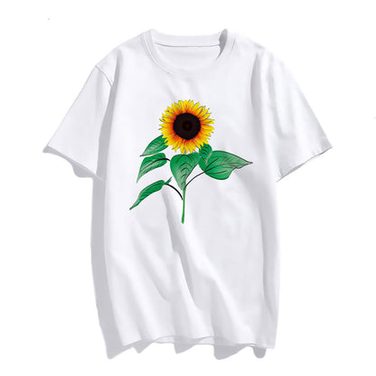 Sunflower with Green Leaves Pattern Women Casual Short-Sleeved Top T-Shirt