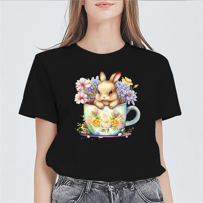 Womens Bunny in A Cup Print Tshirts Casual Short Sleeve Tops Women's Easter Gifts