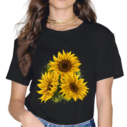 Women Sunflower Sunshine Floral Flower Fashion Short Sleeve Casual Round Neck T-Shirt