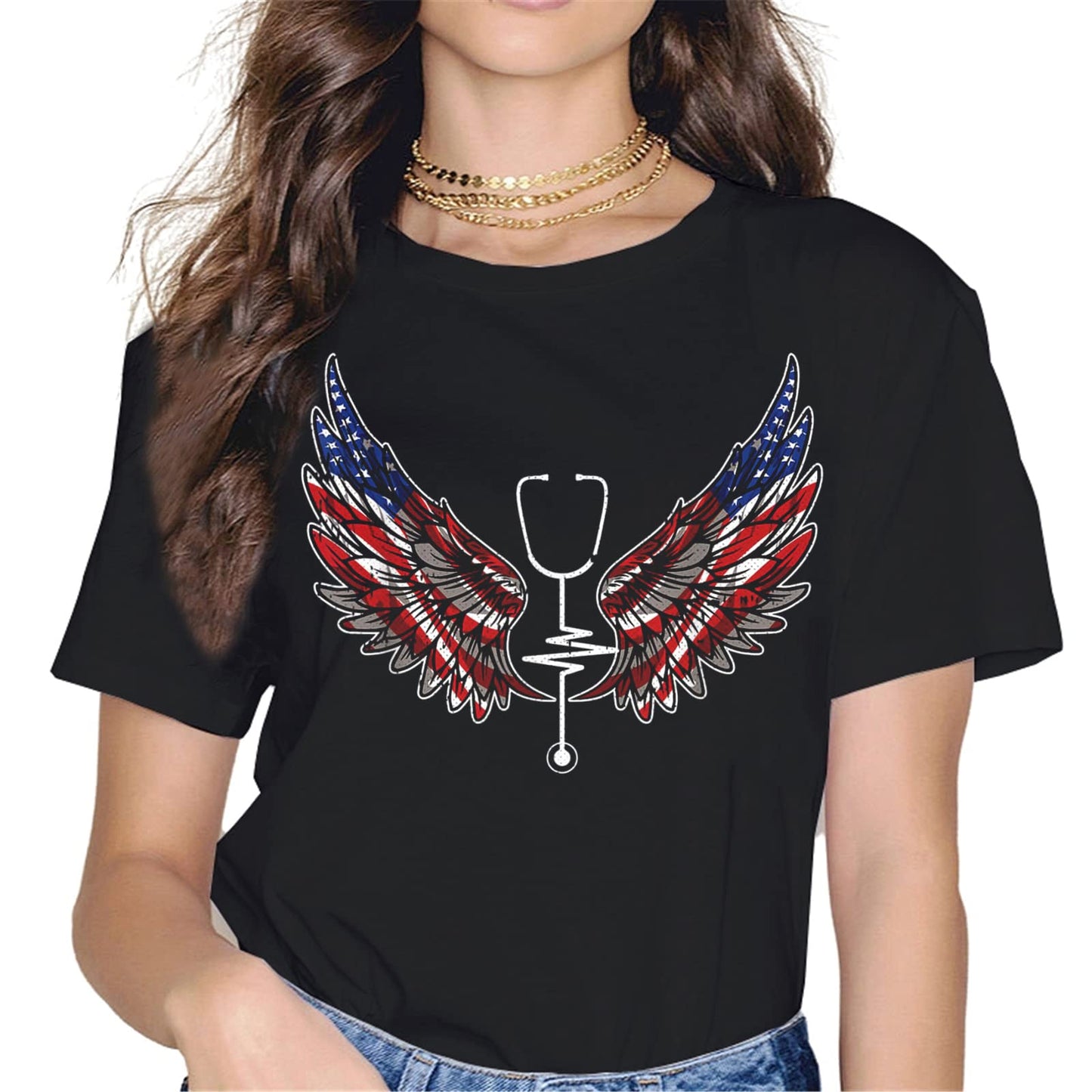 Patriotic Nurse Heart T-Shirt - American Flag Graphics