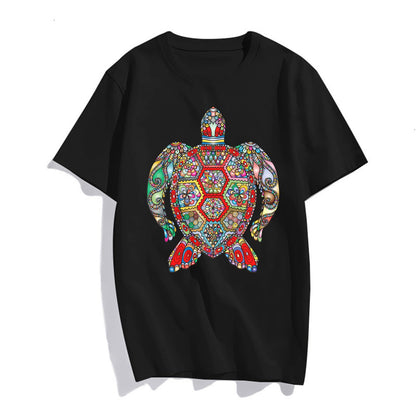 Women Mandala Pattern Sea Turtle Print Summer Casual Short Sleeve Crew Neck T-Shirts