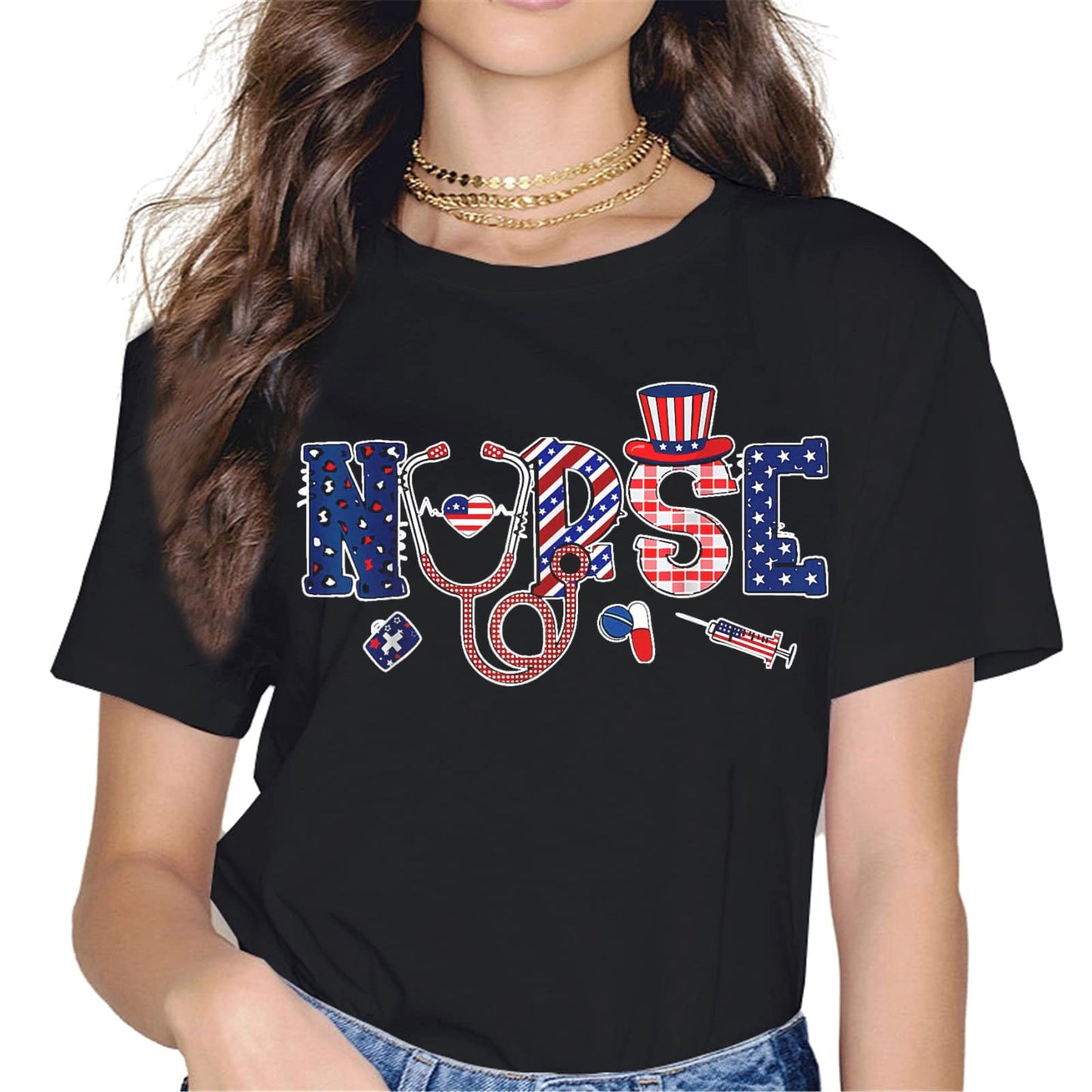 Patriotic Nurse Heart T-Shirt - American Flag Graphics