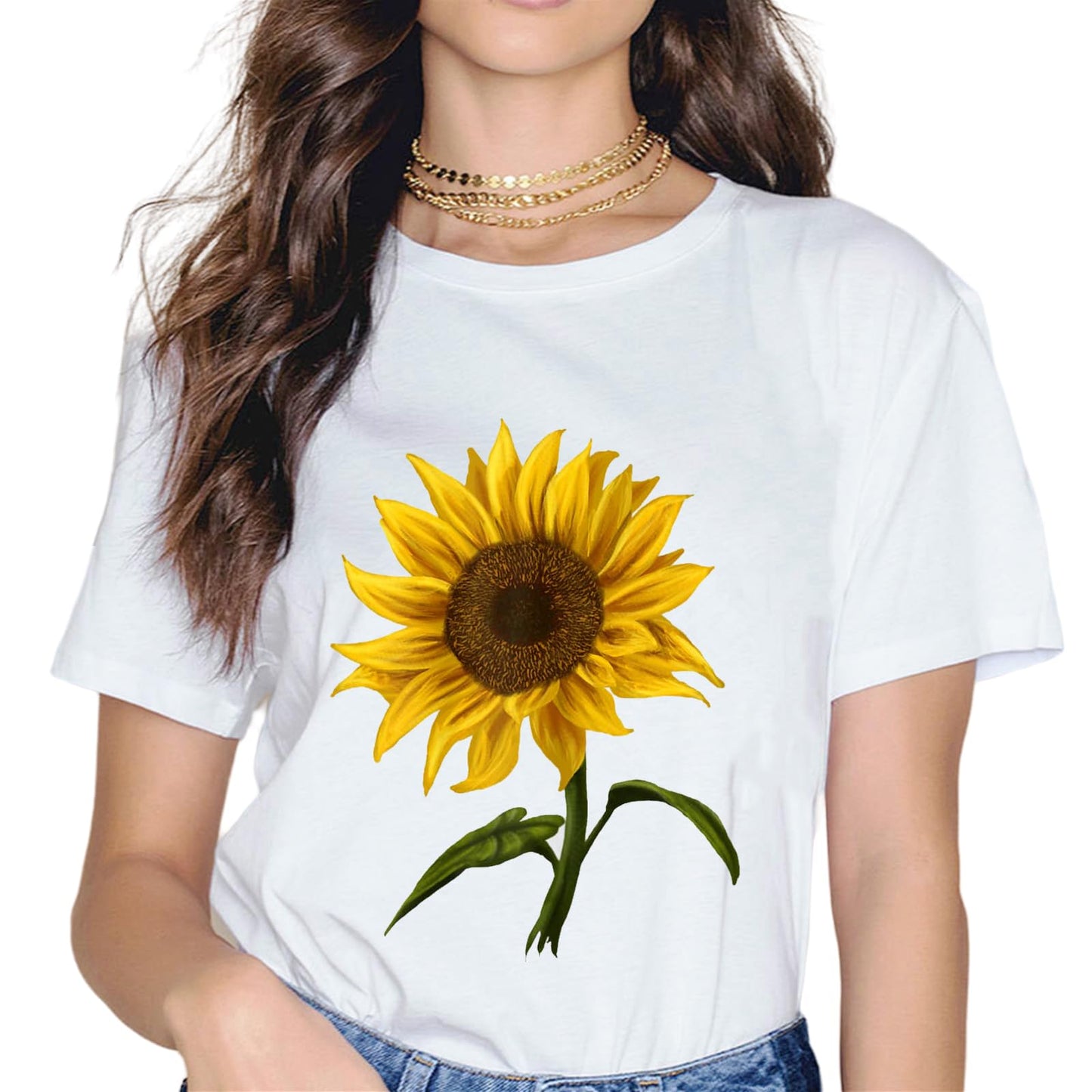 Women Sunflower Sunshine Floral Flower Fashion Short Sleeve Casual Round Neck T-Shirt