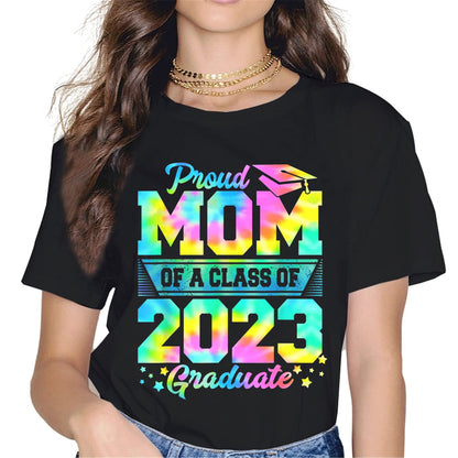 Proud Mom of a 2023 Graduate T-Shirt Women Tops Graphics Casual Short Sleeve Crew Neck Shirts Gift Tee