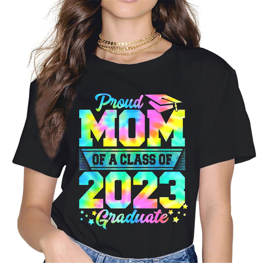 Proud Mom of a 2023 Graduate T-Shirt Women Tops Graphics Casual Short Sleeve Crew Neck Shirts Gift Tee