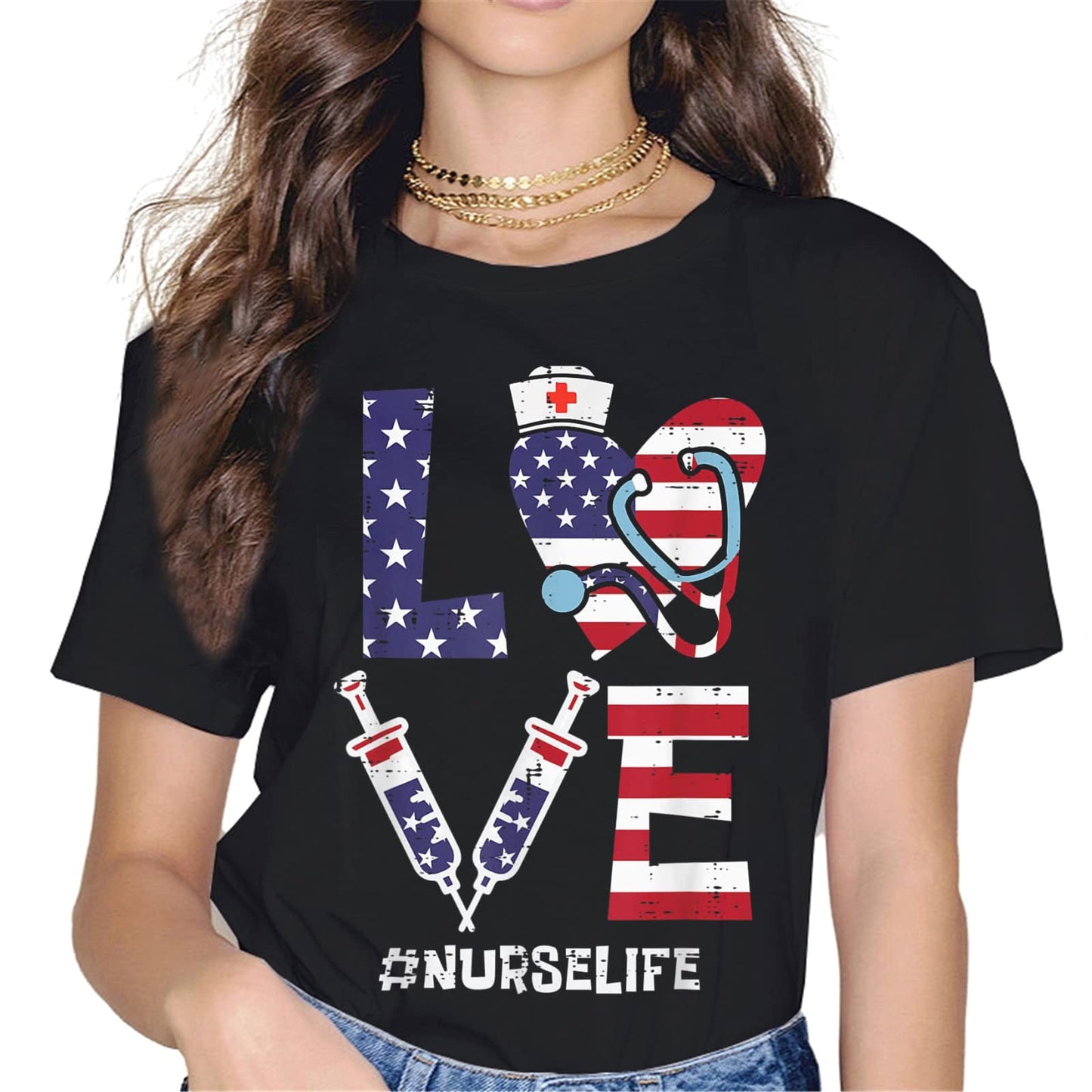 Patriotic Nurse Heart T-Shirt - American Flag Graphics