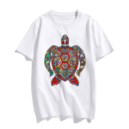 Women Mandala Pattern Sea Turtle Print Summer Casual Short Sleeve Crew Neck T-Shirts