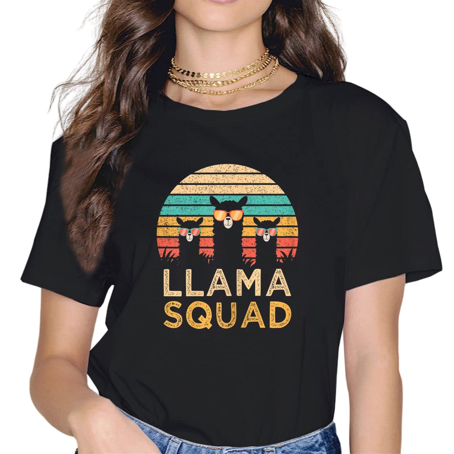 Cute Llama Squad Shirt Fashion Short Sleeve Casual Round Neck Gift T-Shirt