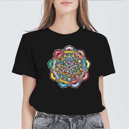 Mandala Pattern Flower Type Print Short Sleeve T Shirts for Women Tops