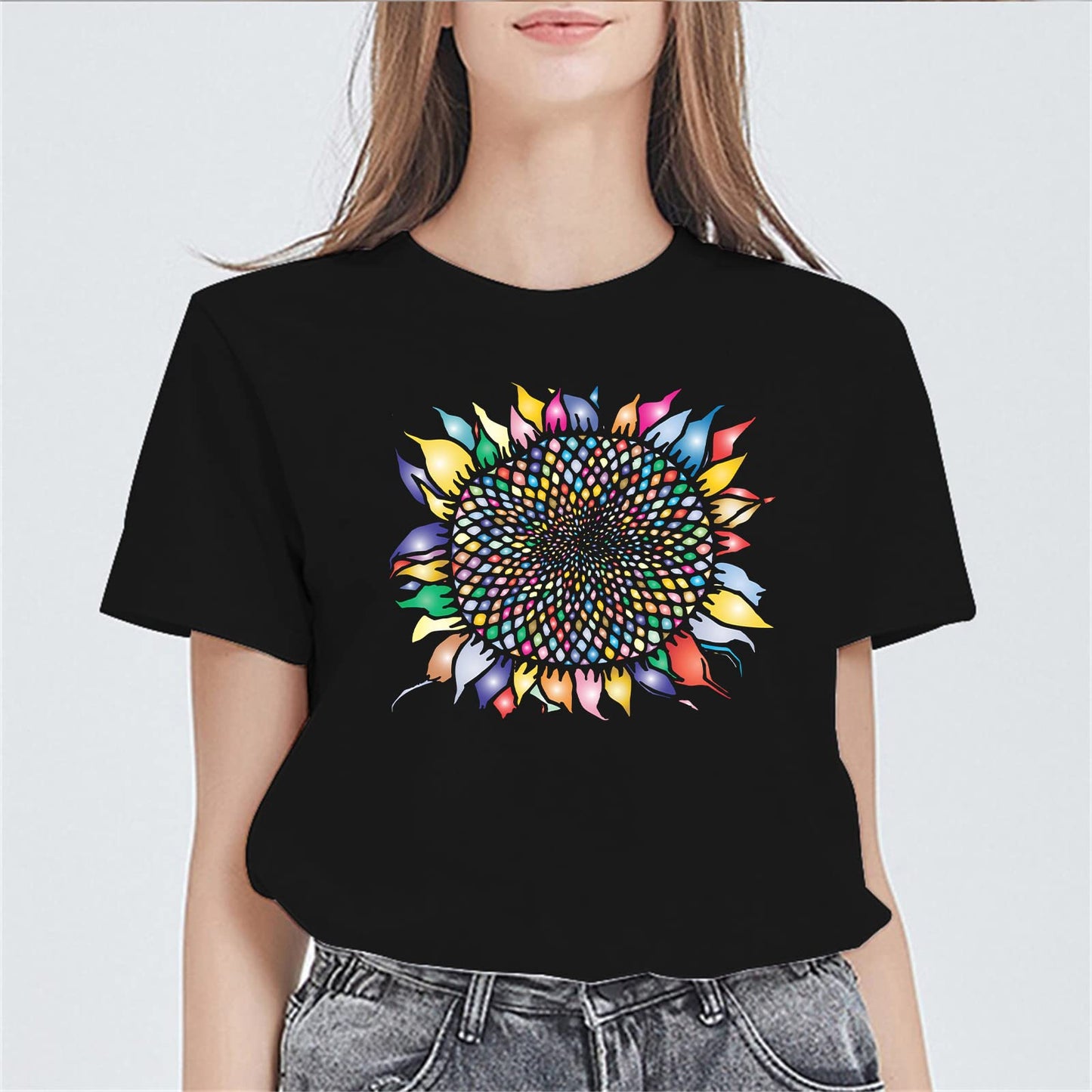 Colorful Sunflowers Graphic Short Sleeve T-Shirts for Women Summer Top