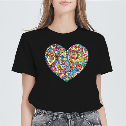 Womens Mandala Heart Shape Graphic Tees Vintage Short Sleeve T Shirts for Women Summer Top