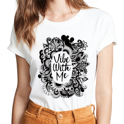 Sassalilly Various Botanical Flower Theme Pattern Text Top Casual Regular Summer Short Sleeve Women's T-Shirt