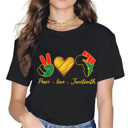 Peace Love Juneteenth African American Women T-Shirt Black History Month Tops Graphics Shirt Casual Crew Neck Shirts Gift Tee