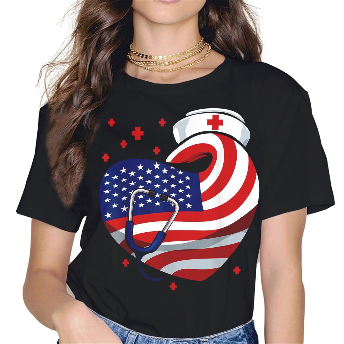 Patriotic Nurse Heart T-Shirt - American Flag Graphics