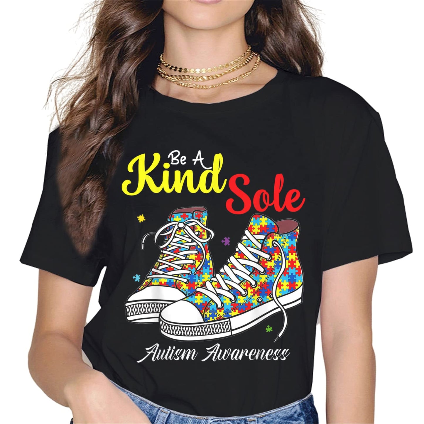 Autism Awareness Women Tops T-Shirt in The World You Can Be Anything Be Kind Graphics Shirt Casual Crew Neck Shirts Gift Tee