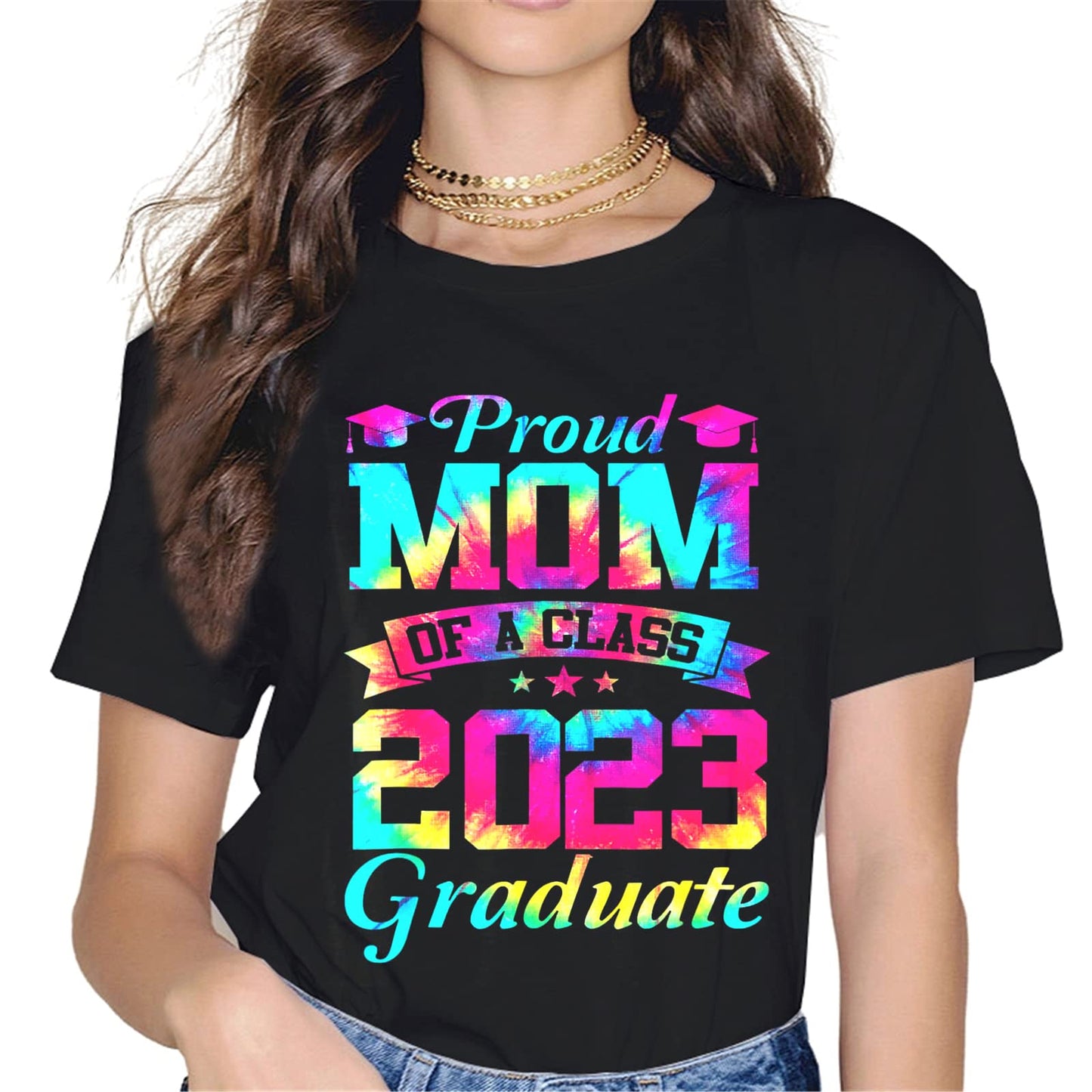 Proud Mom of a 2023 Graduate T-Shirt Women Tops Graphics Casual Short Sleeve Crew Neck Shirts Gift Tee