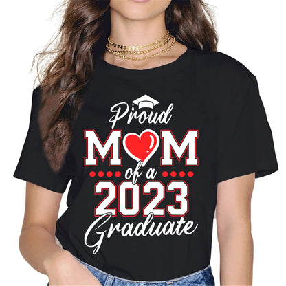 Proud Mom of a 2023 Graduate T-Shirt Women Tops Graphics Casual Short Sleeve Crew Neck Shirts Gift Tee