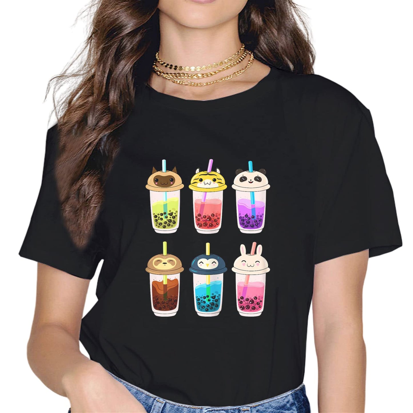 Women Kawaii Boba Bubble Tea Tops Girl Short Sleeve Casual Round Neck Tees