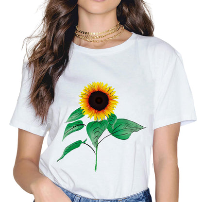 Women Sunflower Sunshine Floral Flower Fashion Short Sleeve Casual Round Neck T-Shirt