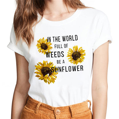 Sassalilly Various Botanical Flower Theme Pattern Text Top Casual Regular Summer Short Sleeve Women's T-Shirt