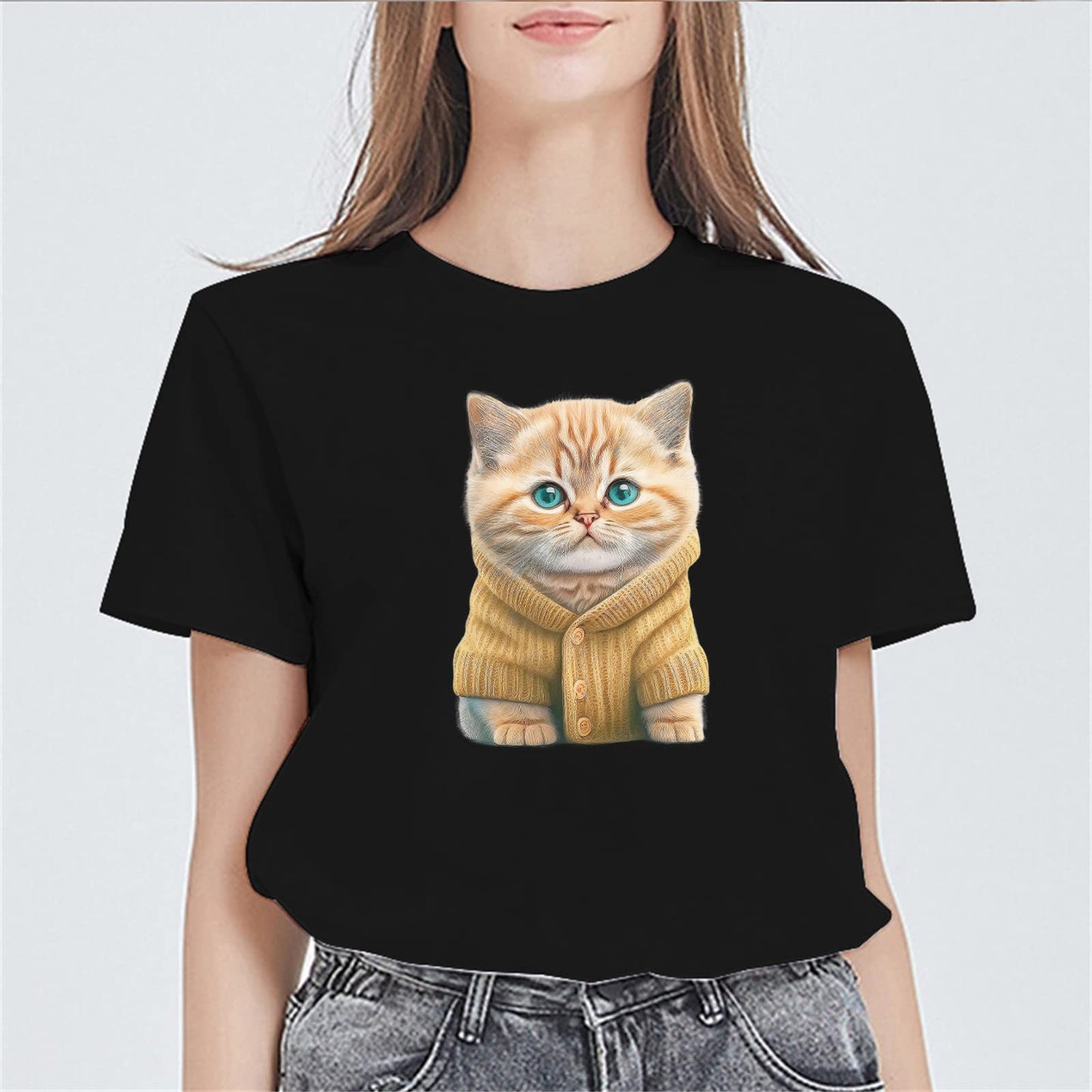 Women Cute Yellow and Brown Cat Print T-Shirt Fashion Short-Sleeved