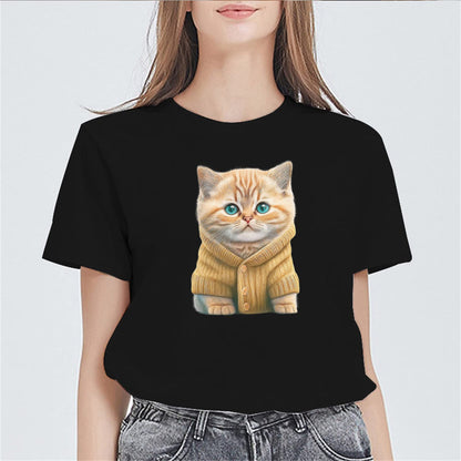 Women Cute Yellow and Brown Cat Print T-Shirt Fashion Short-Sleeved