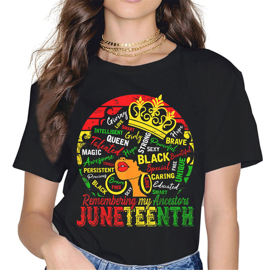 Peace Love Juneteenth African American Women T-Shirt Black History Month Tops Graphics Shirt Casual Crew Neck Shirts Gift Tee