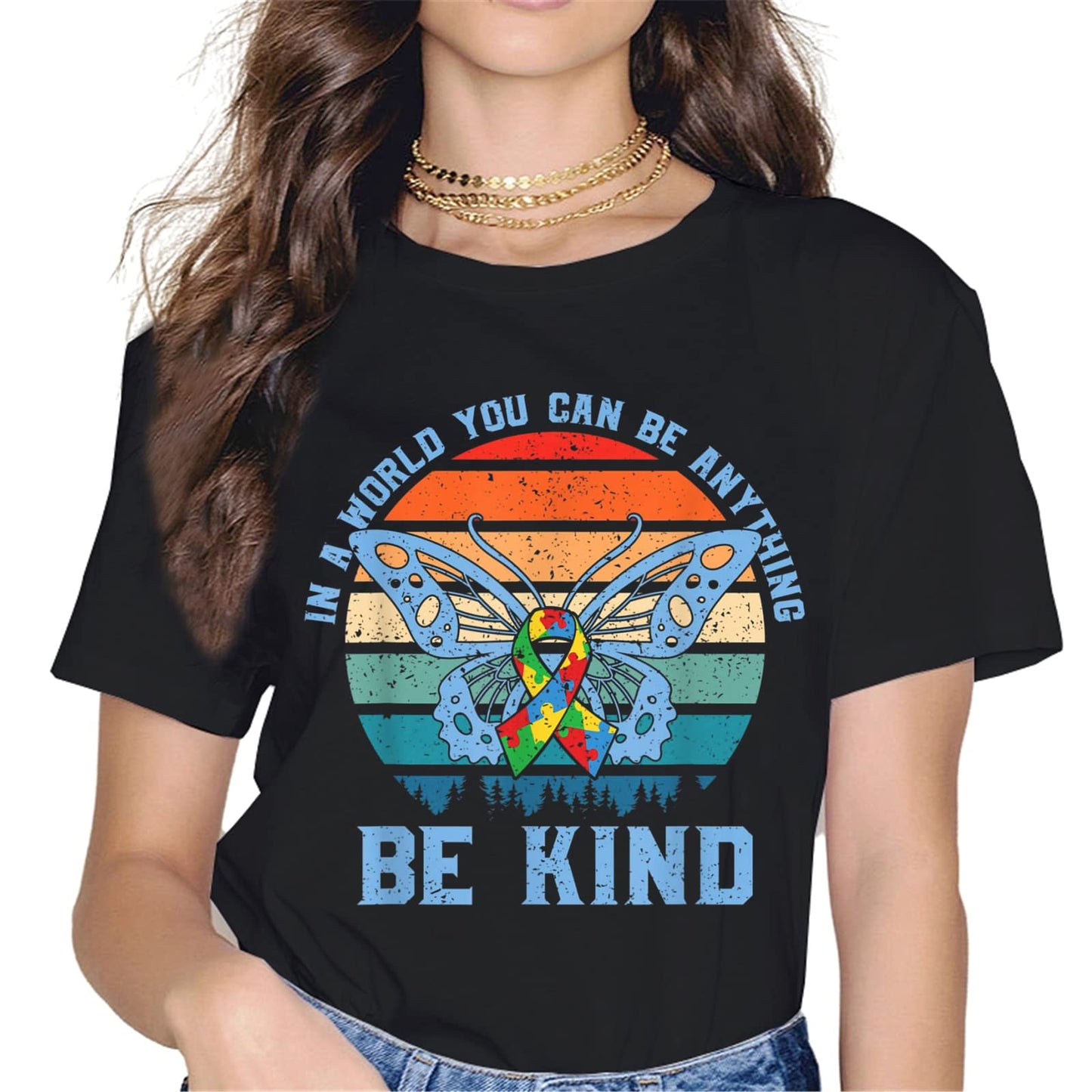 Autism Awareness Women Tops T-Shirt in The World You Can Be Anything Be Kind Graphics Shirt Casual Crew Neck Shirts Gift Tee