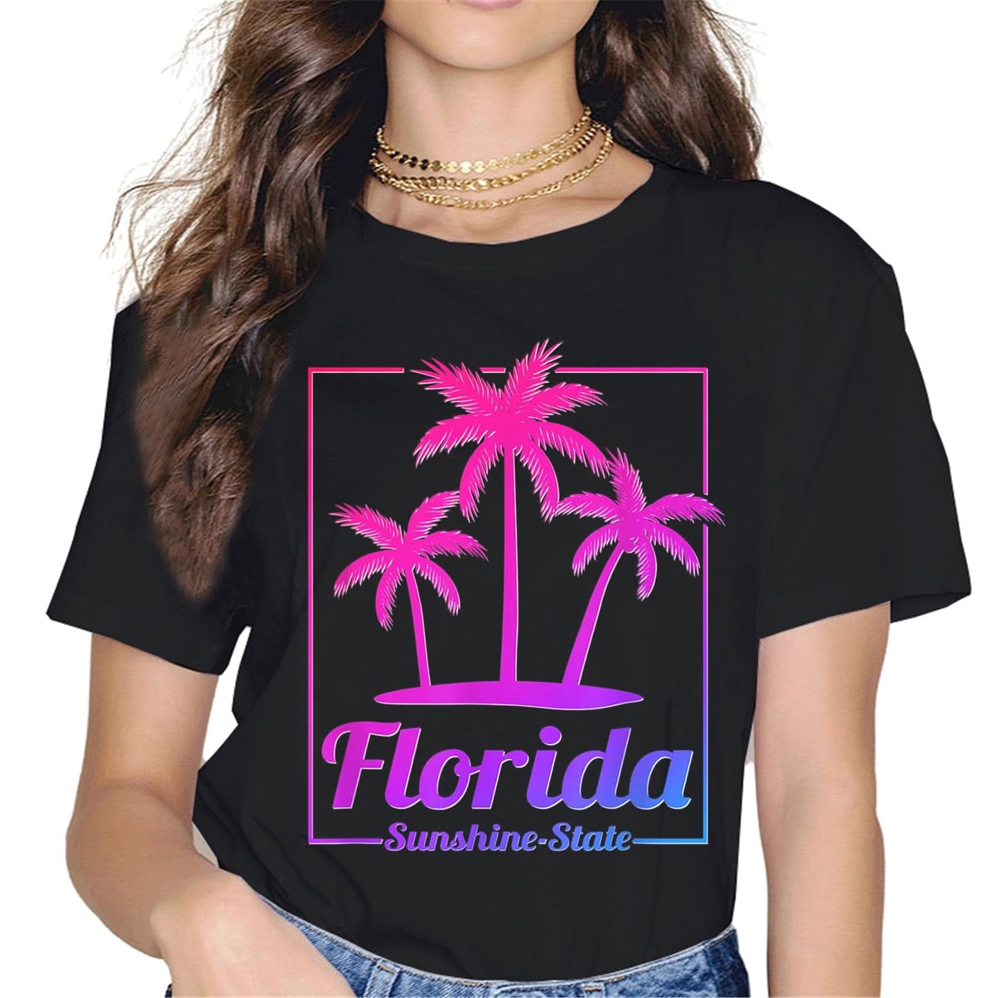 Women Tops Florida The Sunshine State Vintage Retro Vacation Gift T-Shirt Gift Graphics Crew Neck Casual Shirts Tee