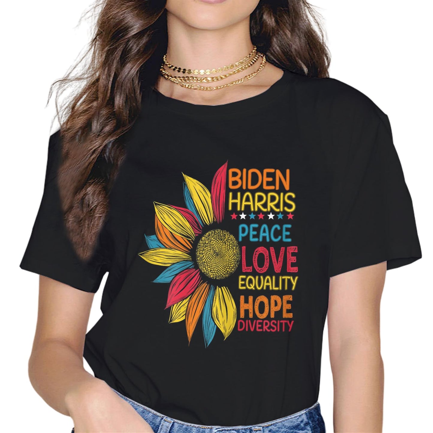 Biden Harris 2024 Peace Love Equality Hope Diversity Flower T-Shirt