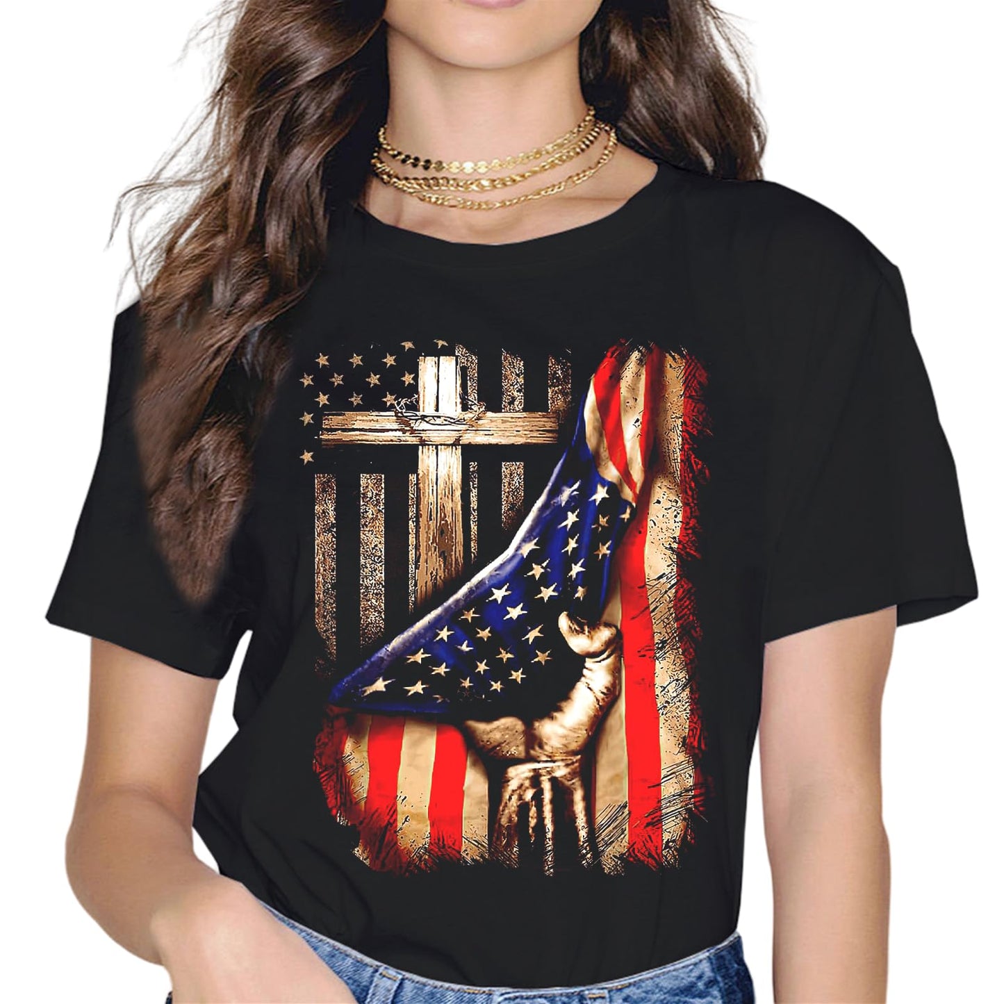 Sassalilly USA Flag Patriotic American Gift Faith T-Shirt-Religion Graphics