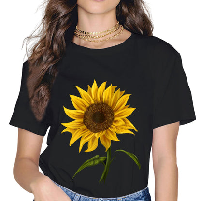 Women Sunflower Sunshine Floral Flower Fashion Short Sleeve Casual Round Neck T-Shirt