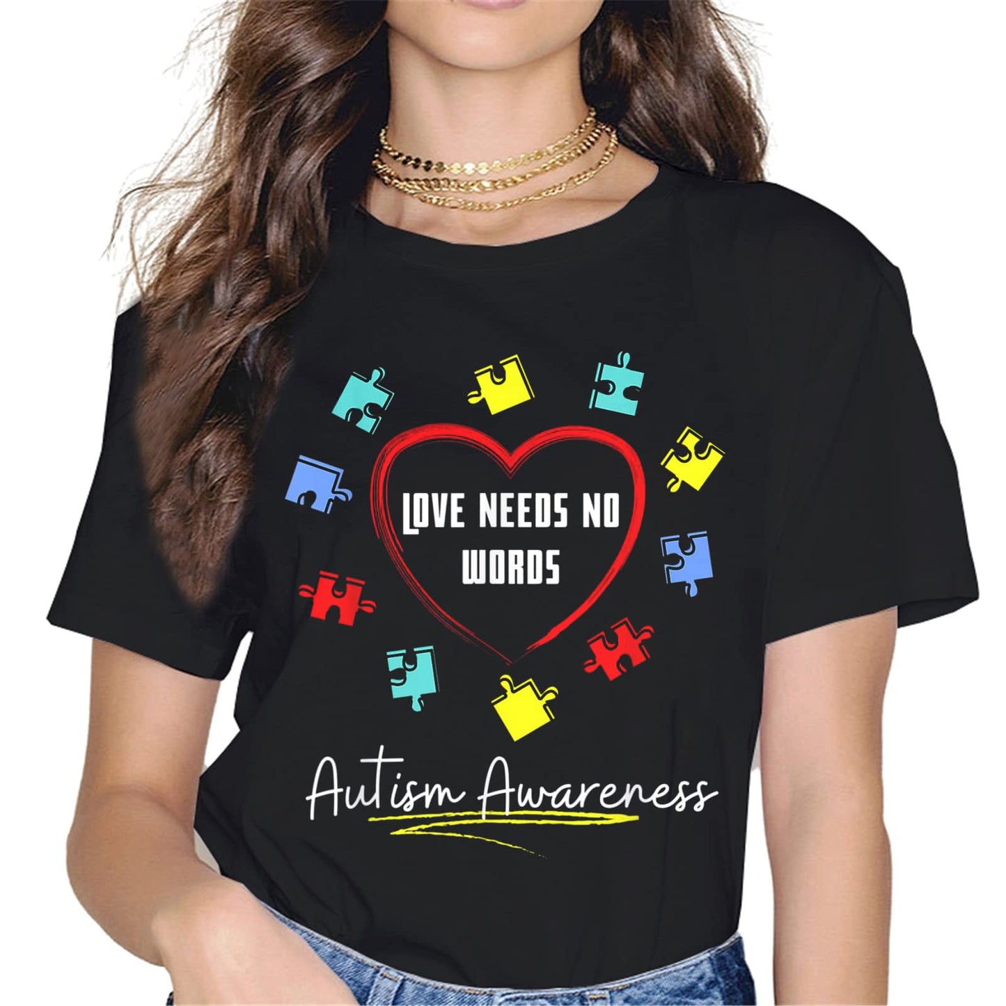 Live Love Accept Autism Awareness Women Tops T-Shirt Heartbeat Graphics Shirt Casual Short Sleeve Crew Neck Shirts Gift Tee