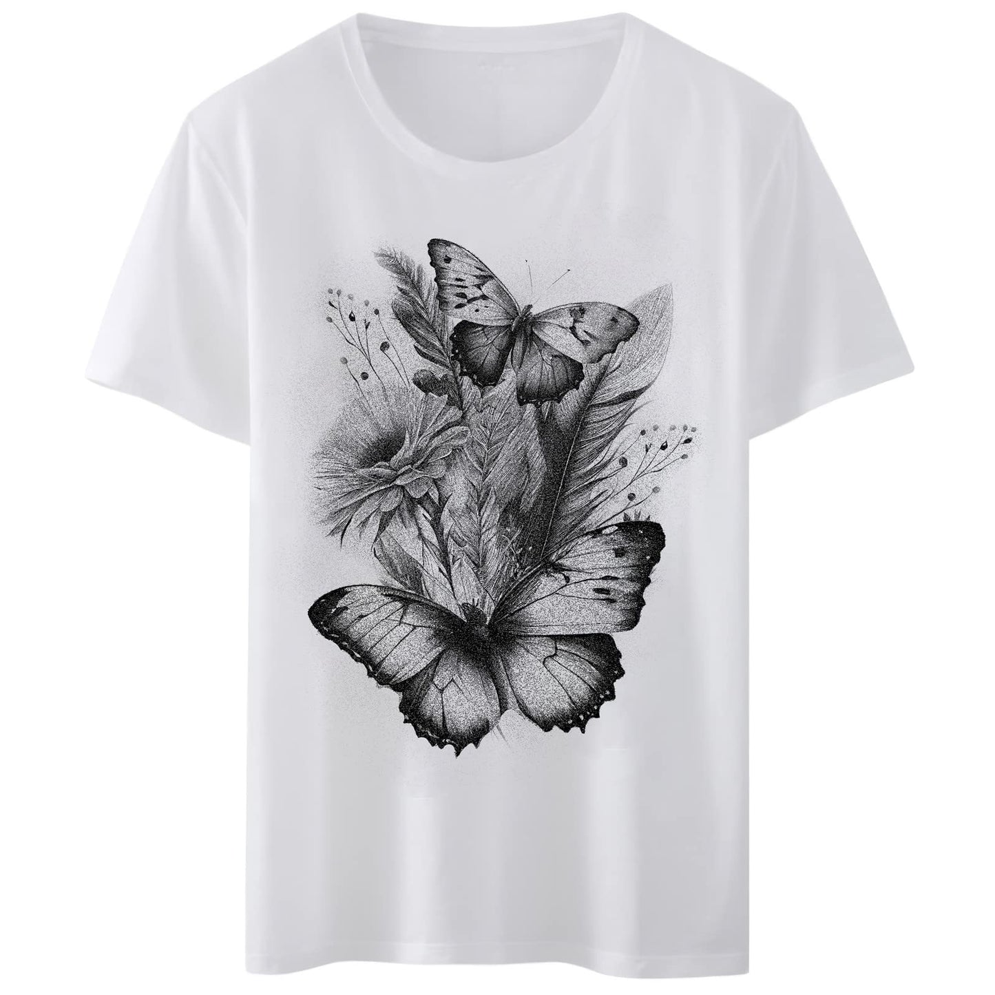 Women T-Shirt Sketch Butterfly Flowers Print Round Neck Tops Short Sleeve Casual Tee