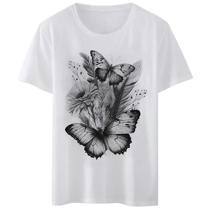 Women T-Shirt Sketch Butterfly Flowers Print Round Neck Tops Short Sleeve Casual Tee