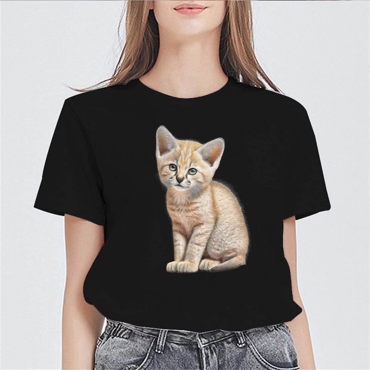 Yellow-Brown Cat Print Women's Summer Casual T-Shirt