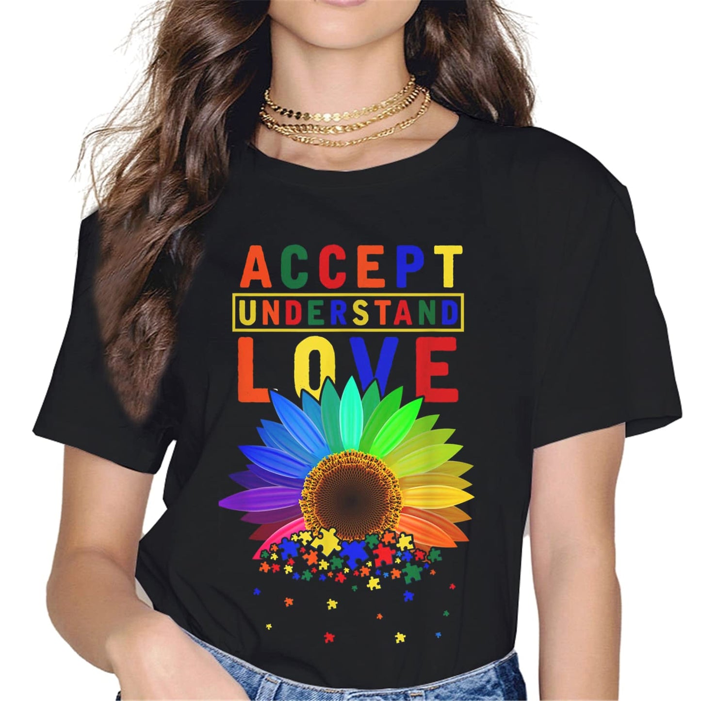 Autism Awareness Women Tops T-Shirt in The World You Can Be Anything Be Kind Graphics Shirt Casual Crew Neck Shirts Gift Tee