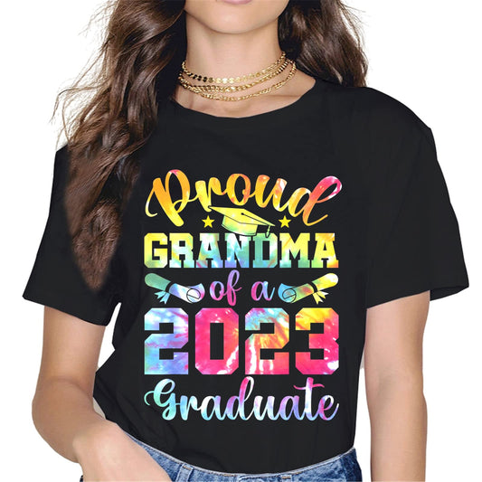 Women Tops Proud Grandma of A Class of 2023 Graduate T-Shirt Graphics Casual Short Sleeve Crew Neck Shirts Gift Tee