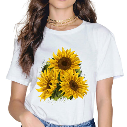 Women Sunflower Sunshine Floral Flower Fashion Short Sleeve Casual Round Neck T-Shirt