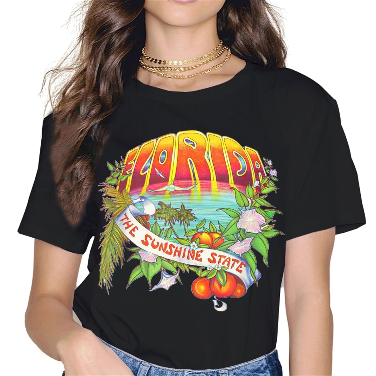 Women Tops Florida The Sunshine State Vintage Retro Vacation Gift T-Shirt Gift Graphics Crew Neck Casual Shirts Tee