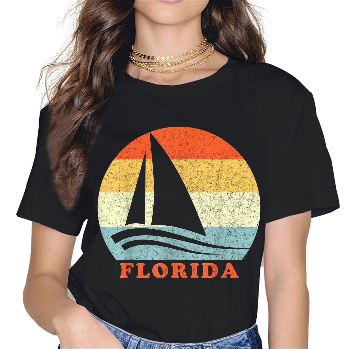Women Tops Florida The Sunshine State Vintage Retro Vacation Gift T-Shirt Gift Graphics Crew Neck Casual Shirts Tee