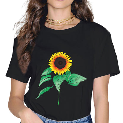 Women Sunflower Sunshine Floral Flower Fashion Short Sleeve Casual Round Neck T-Shirt