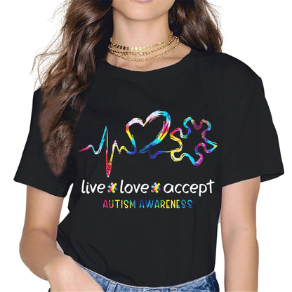Live Love Accept Autism Awareness Women Tops T-Shirt Heartbeat Graphics Shirt Casual Short Sleeve Crew Neck Shirts Gift Tee