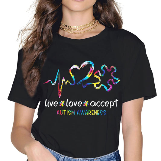 Live Love Accept Autism Awareness Women Tops T-Shirt Heartbeat Graphics Shirt Casual Short Sleeve Crew Neck Shirts Gift Tee