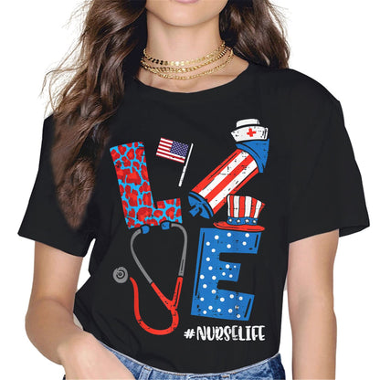 Patriotic Nurse Heart T-Shirt - American Flag Graphics