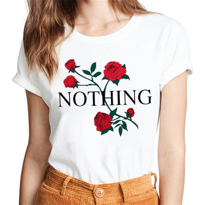 Sassalilly Various Botanical Flower Theme Pattern Text Top Casual Regular Summer Short Sleeve Women's T-Shirt