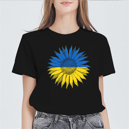 noozuo Sunflower Blue and Yellow Stitching Women Fashion Round Neck Short Sleeve T-Shirt