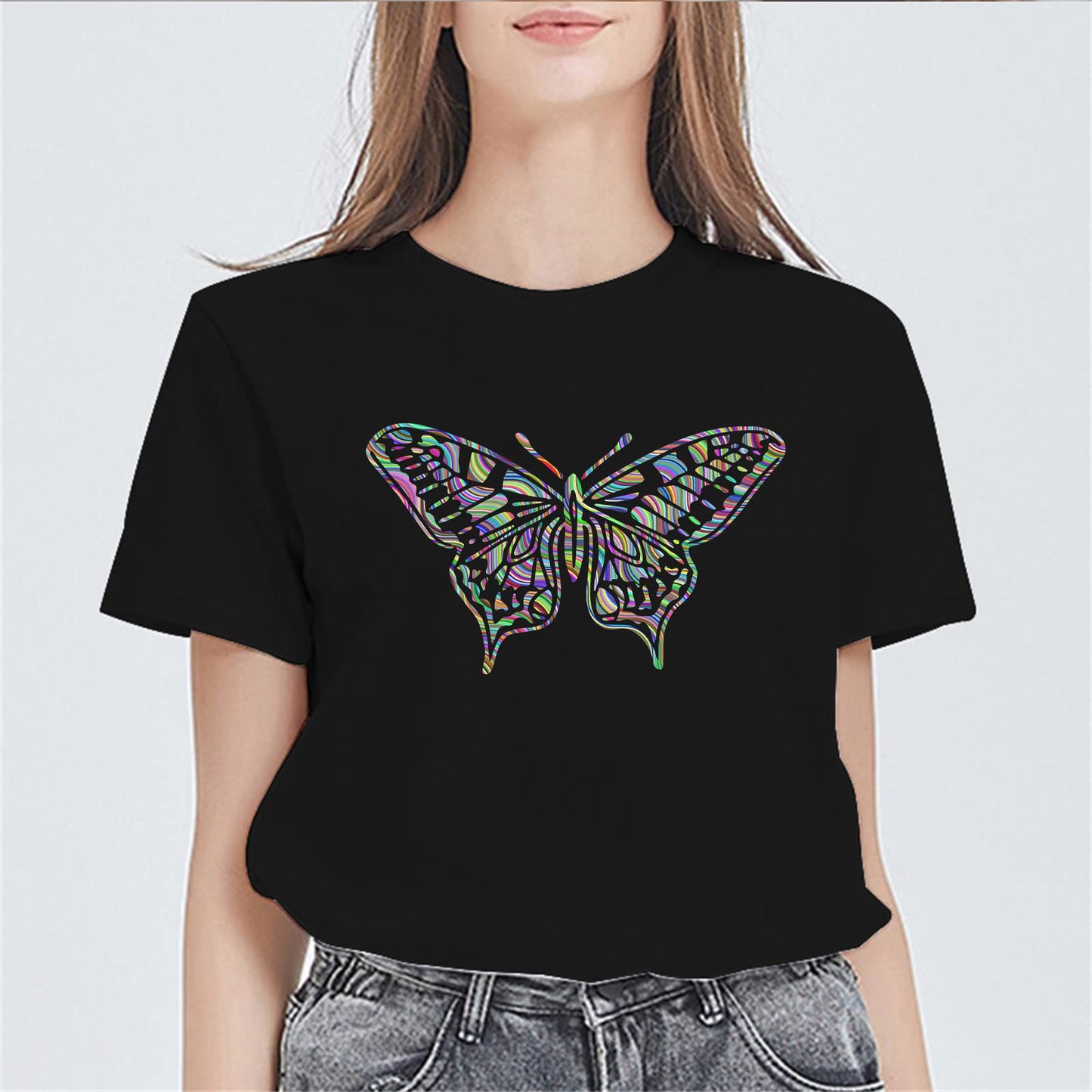 Colorful Butterfly Graphic Short Sleeve T-Shirts for Women Summer Top