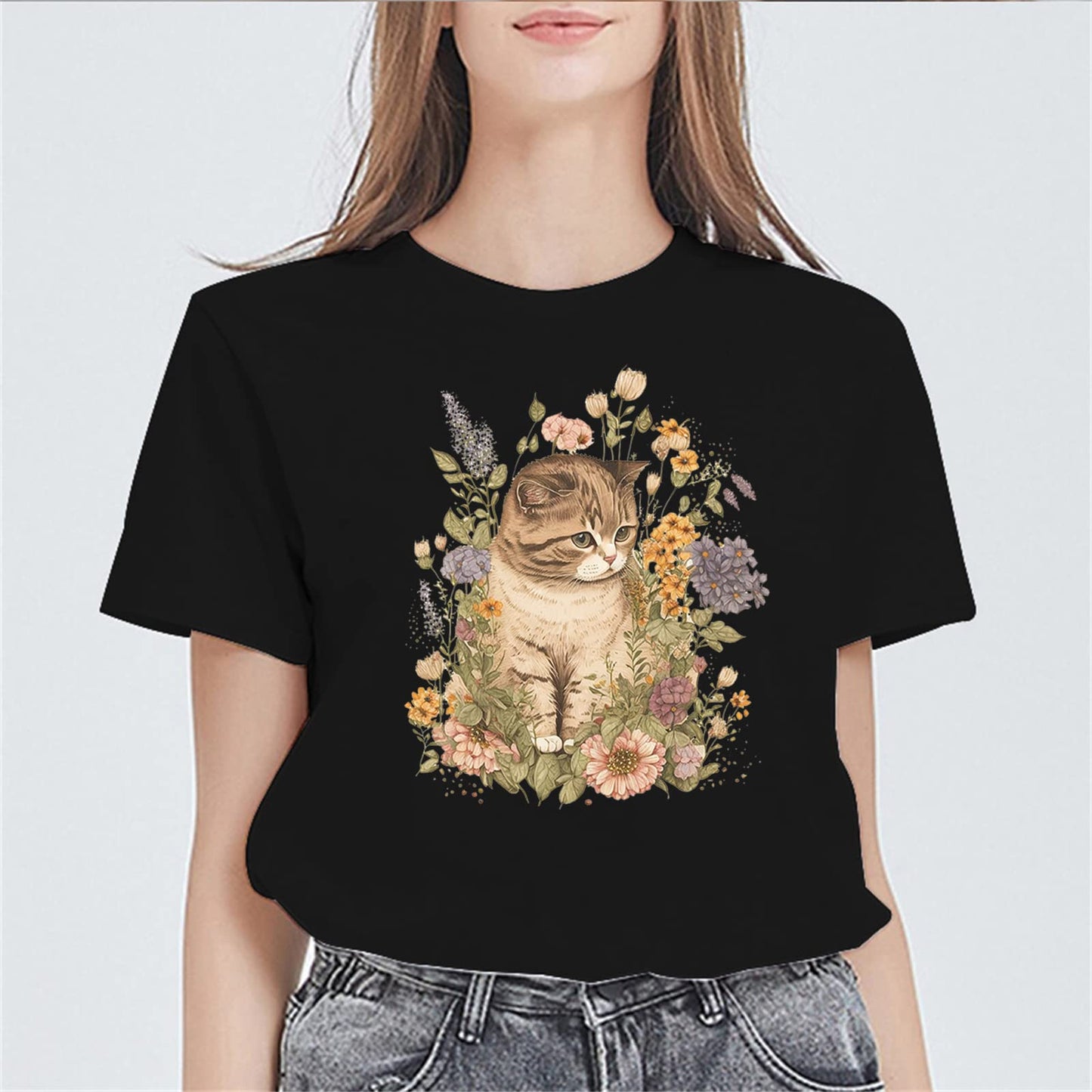 Cat in The Flowers T-Shirt Cute Fashion Women Girls Round Neck Short Sleeve Top